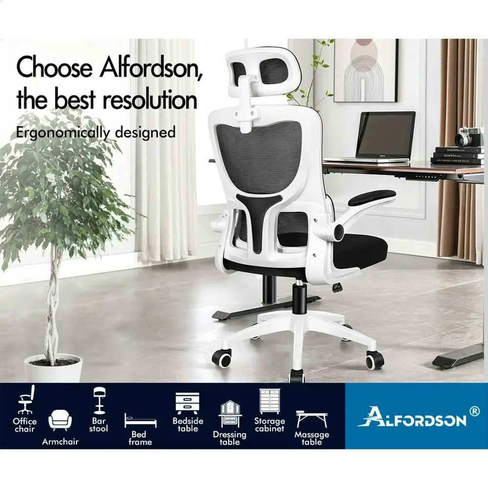 Alfordson Headrest Adjustable Mesh Office Chair with Flip-up Arms White Black