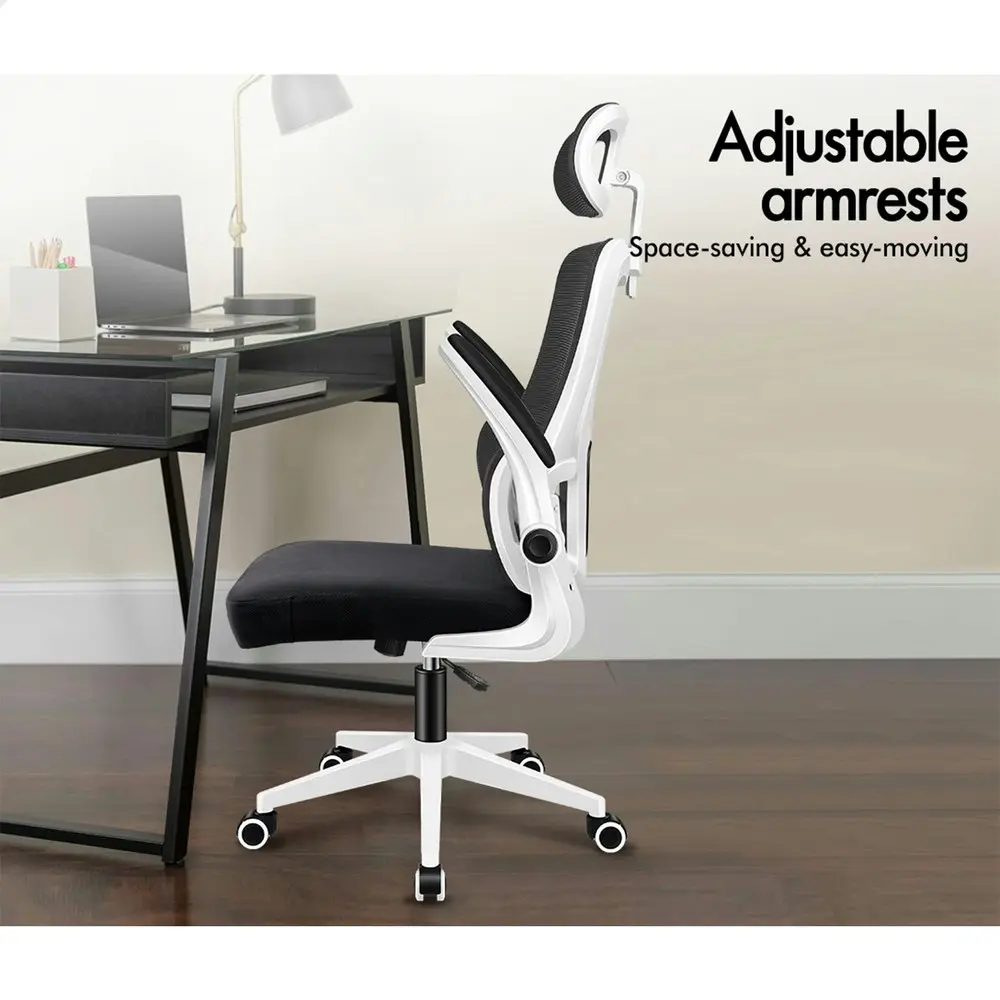 Alfordson Headrest Adjustable Mesh Office Chair with Flip-up Arms White Black