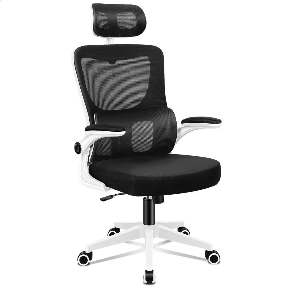 Alfordson Headrest Adjustable Mesh Office Chair with Flip-up Arms White Black