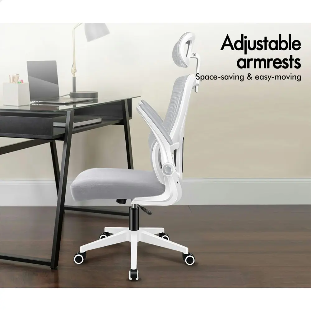 Alfordson Headrest Adjustable Mesh Office Chair with Flip-up Arms White Grey