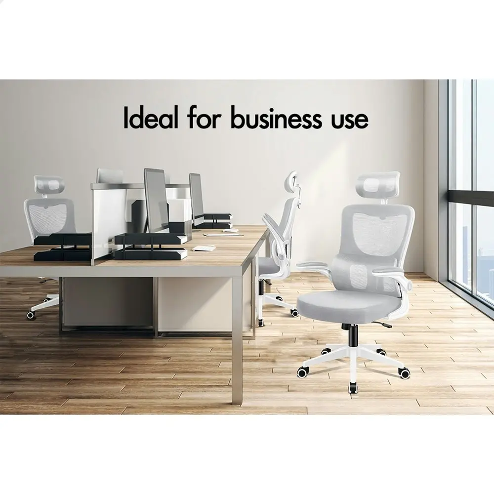 Alfordson Headrest Adjustable Mesh Office Chair with Flip-up Arms White Grey