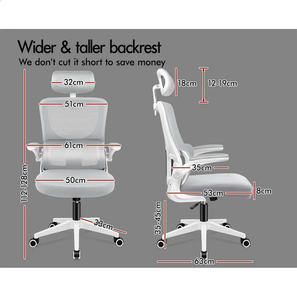 Alfordson Headrest Adjustable Mesh Office Chair with Flip-up Arms White Grey