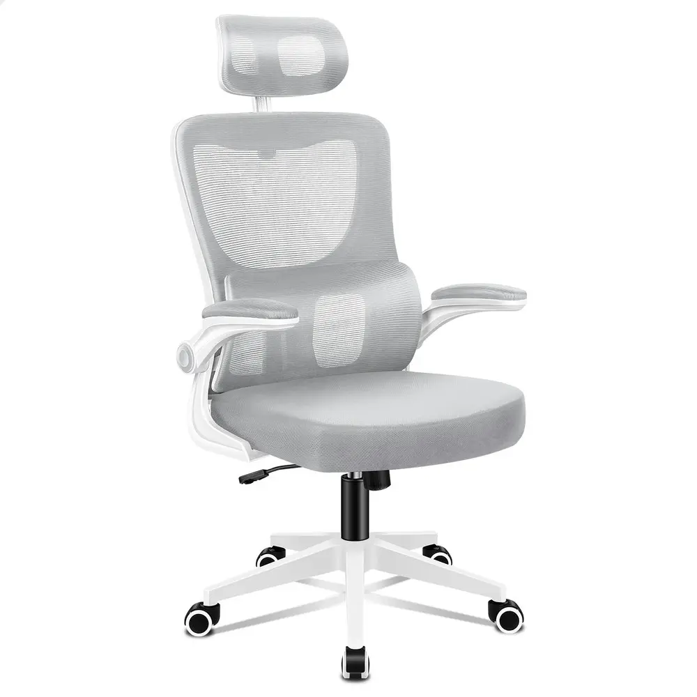 Alfordson Headrest Adjustable Mesh Office Chair with Flip-up Arms White Grey