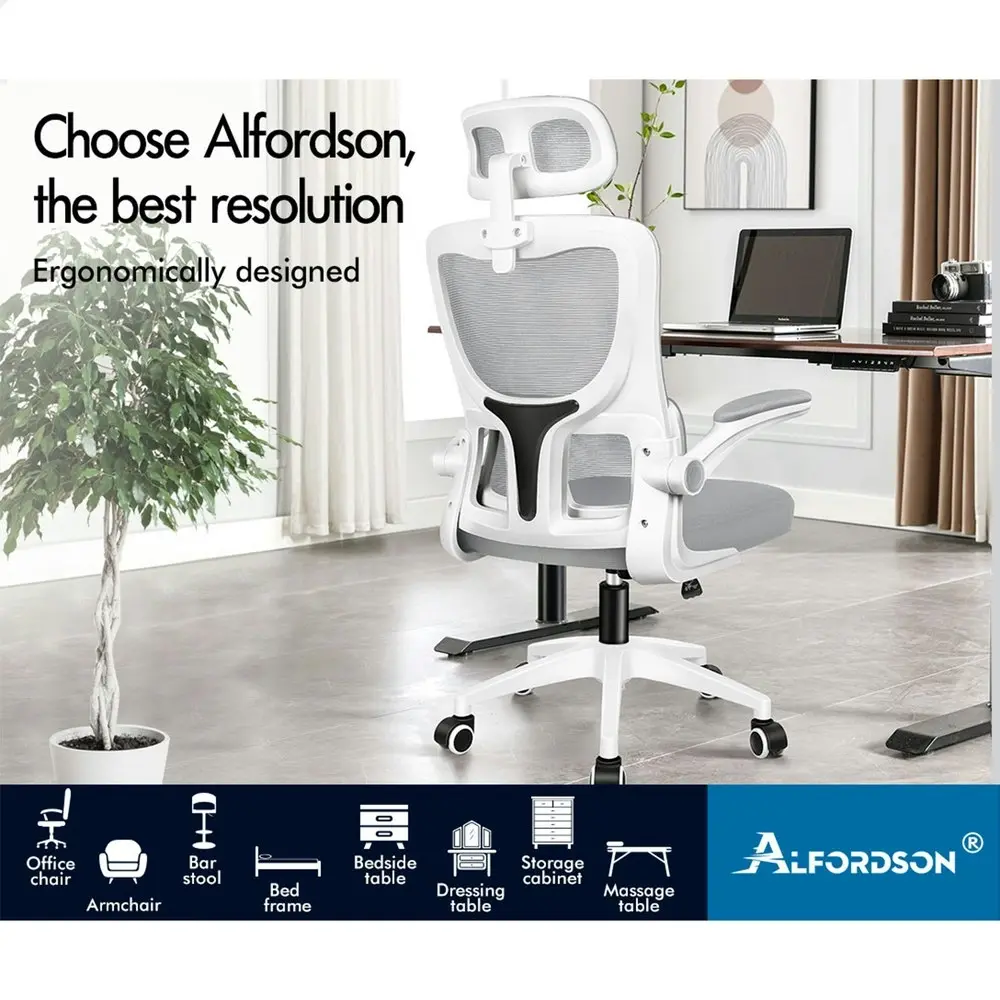 Alfordson Headrest Adjustable Mesh Office Chair with Flip-up Arms White Grey