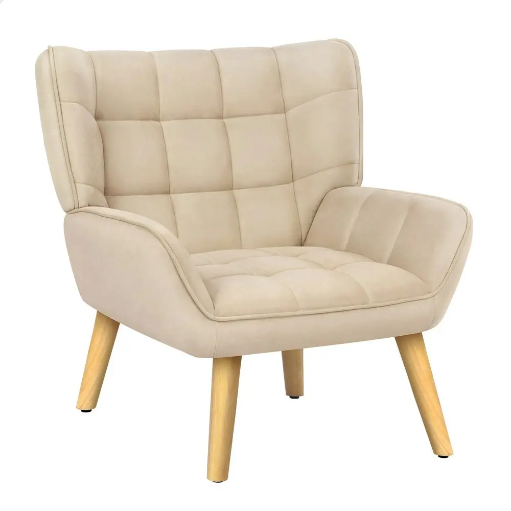 Alfordson Wooden Armchair Tub Chair Velvet Beige