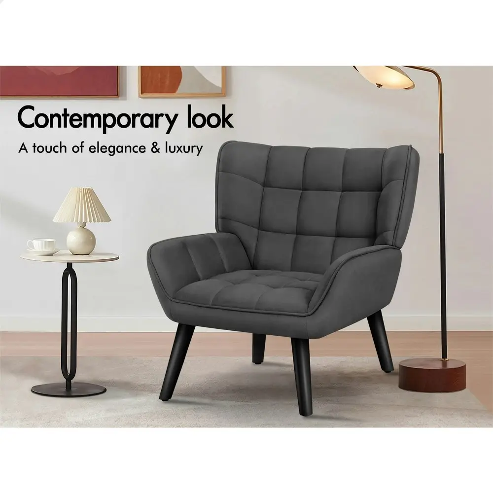 Alfordson Wooden Armchair Tub Chair Velvet Dark Grey