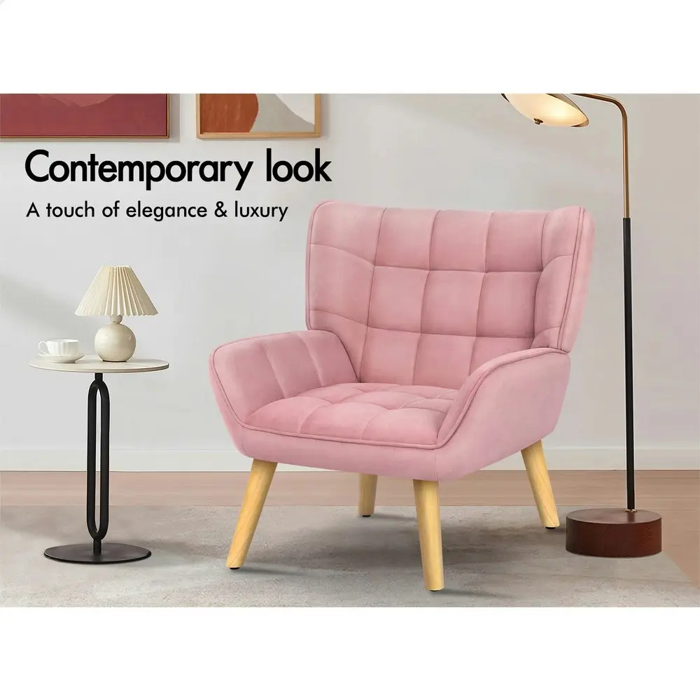 Alfordson Wooden Armchair Tub Chair Velvet Pink