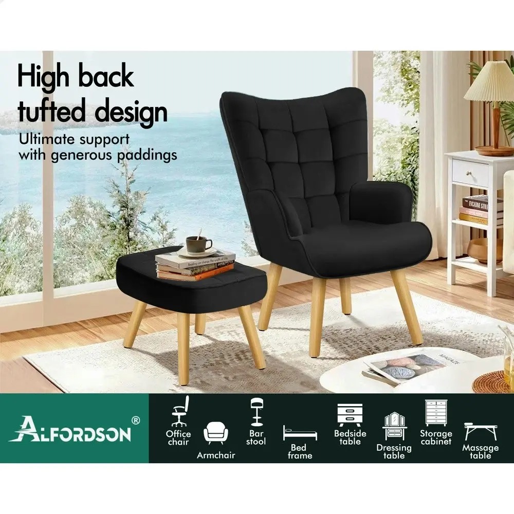 Alfordson Wooden Armchair Accent Chair Ottoman Velvet Black