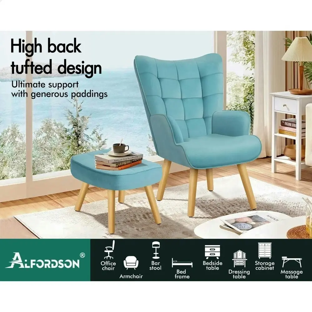 Alfordson Wooden Armchair Accent Chair Ottoman Velvet Blue