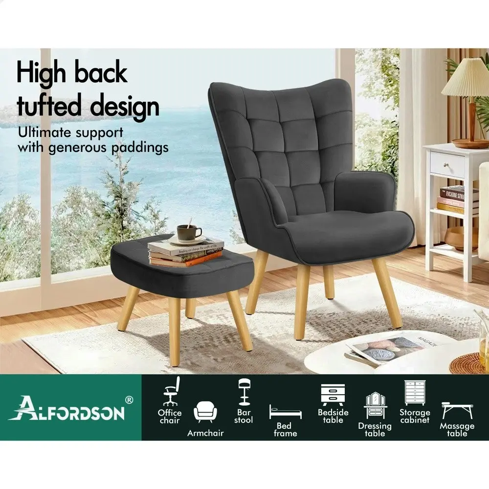 Alfordson Wooden Armchair Accent Chair Ottoman Velvet Dark Grey