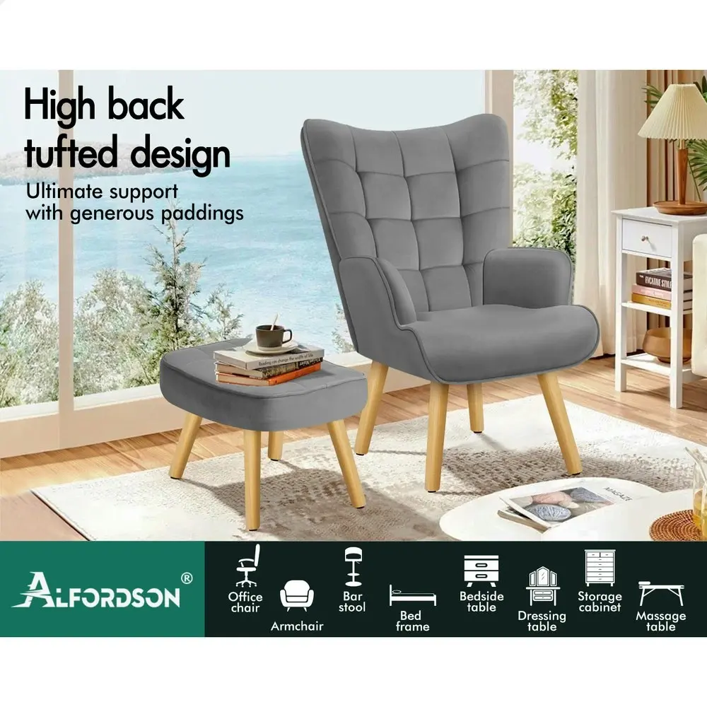 Alfordson Wooden Armchair Accent Chair Ottoman Velvet Light Grey