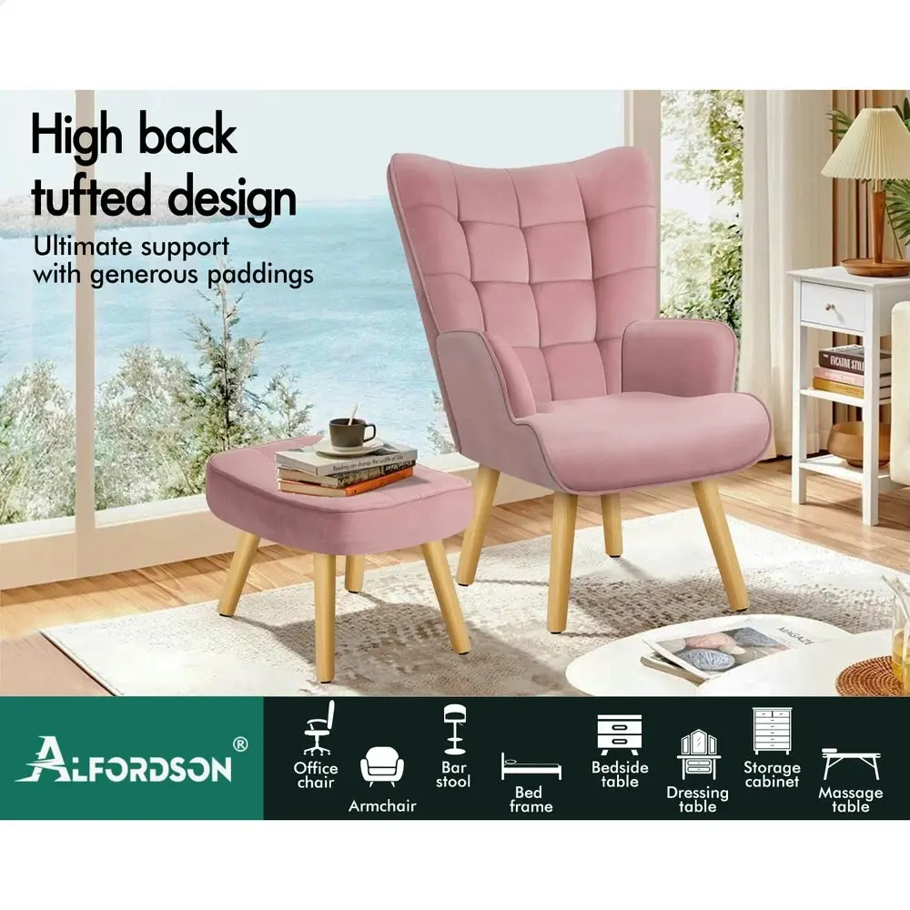 Alfordson Wooden Armchair Accent Chair Ottoman Velvet Pink