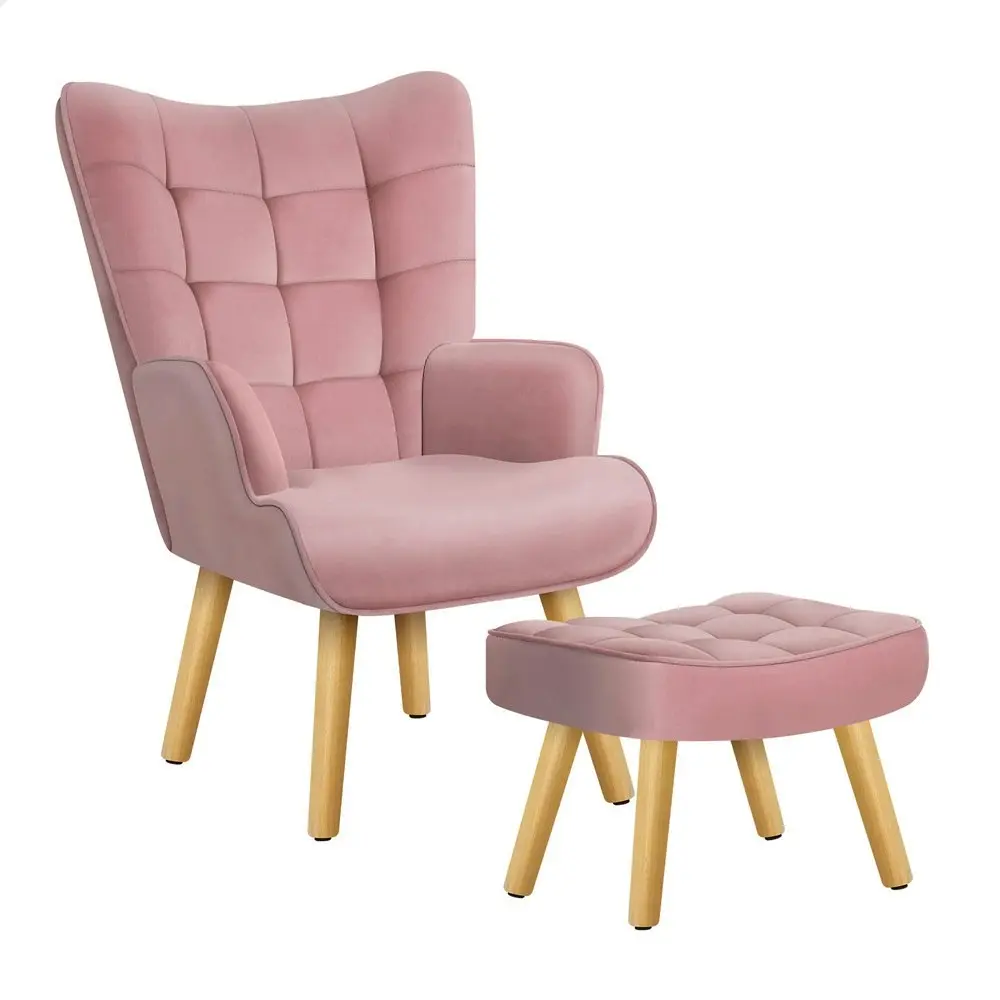 Alfordson Wooden Armchair Accent Chair Ottoman Velvet Pink