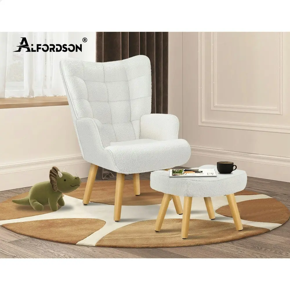 Alfordson Wooden Armchair Accent Chair Ottoman Boucle White