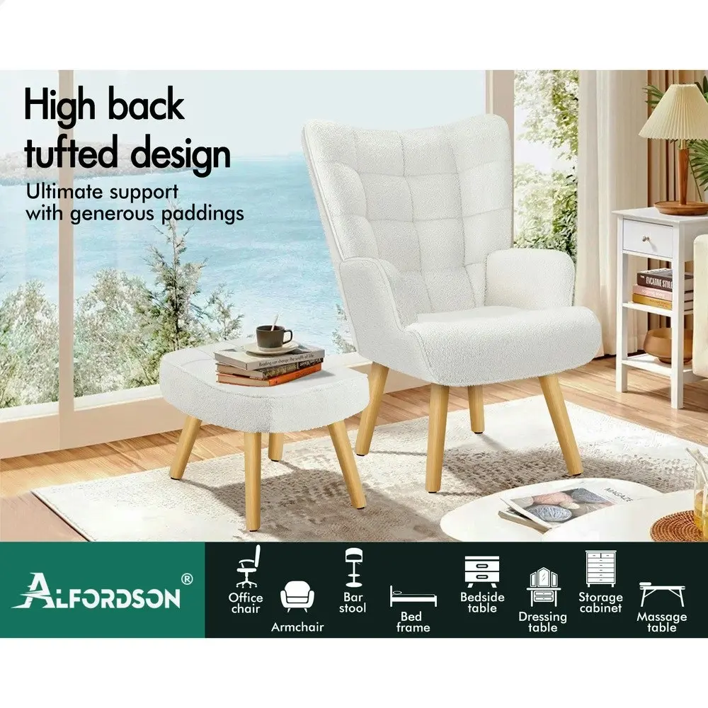 Alfordson Wooden Armchair Accent Chair Ottoman Boucle White