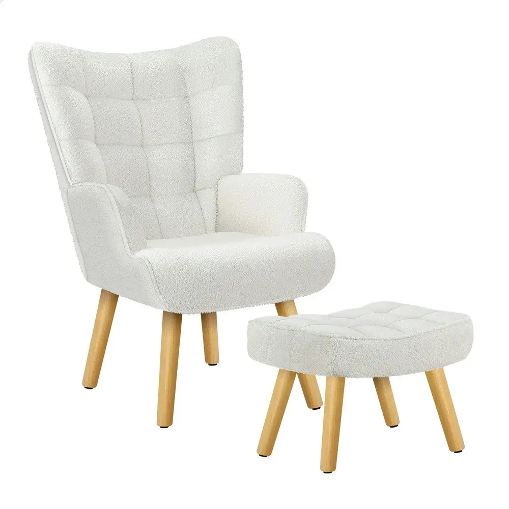 Alfordson Wooden Armchair Accent Chair Ottoman Boucle White