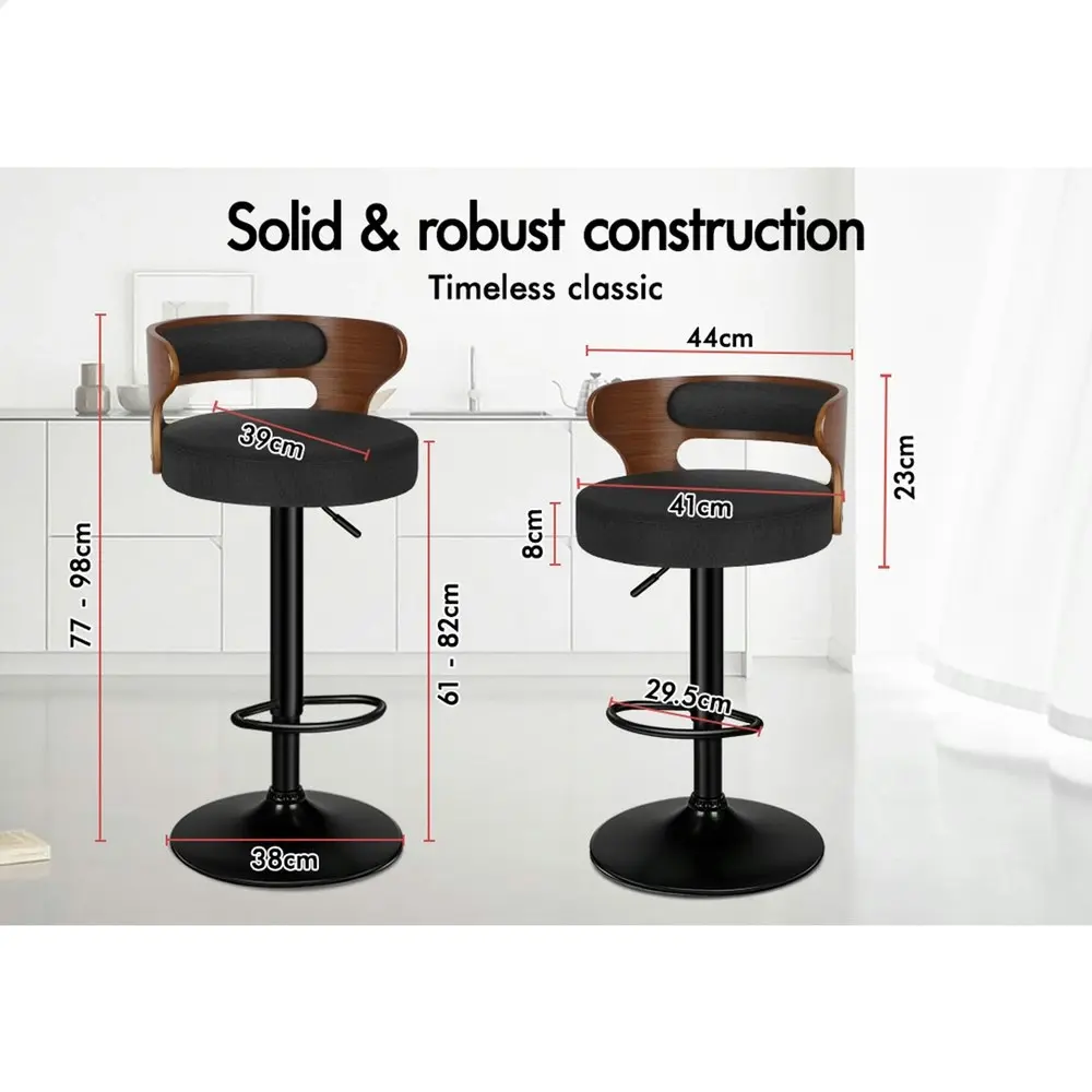 Alfordson 2x Bar Stool Kitchen Swivel Chair Wooden Linen Fabric Ramiro Black