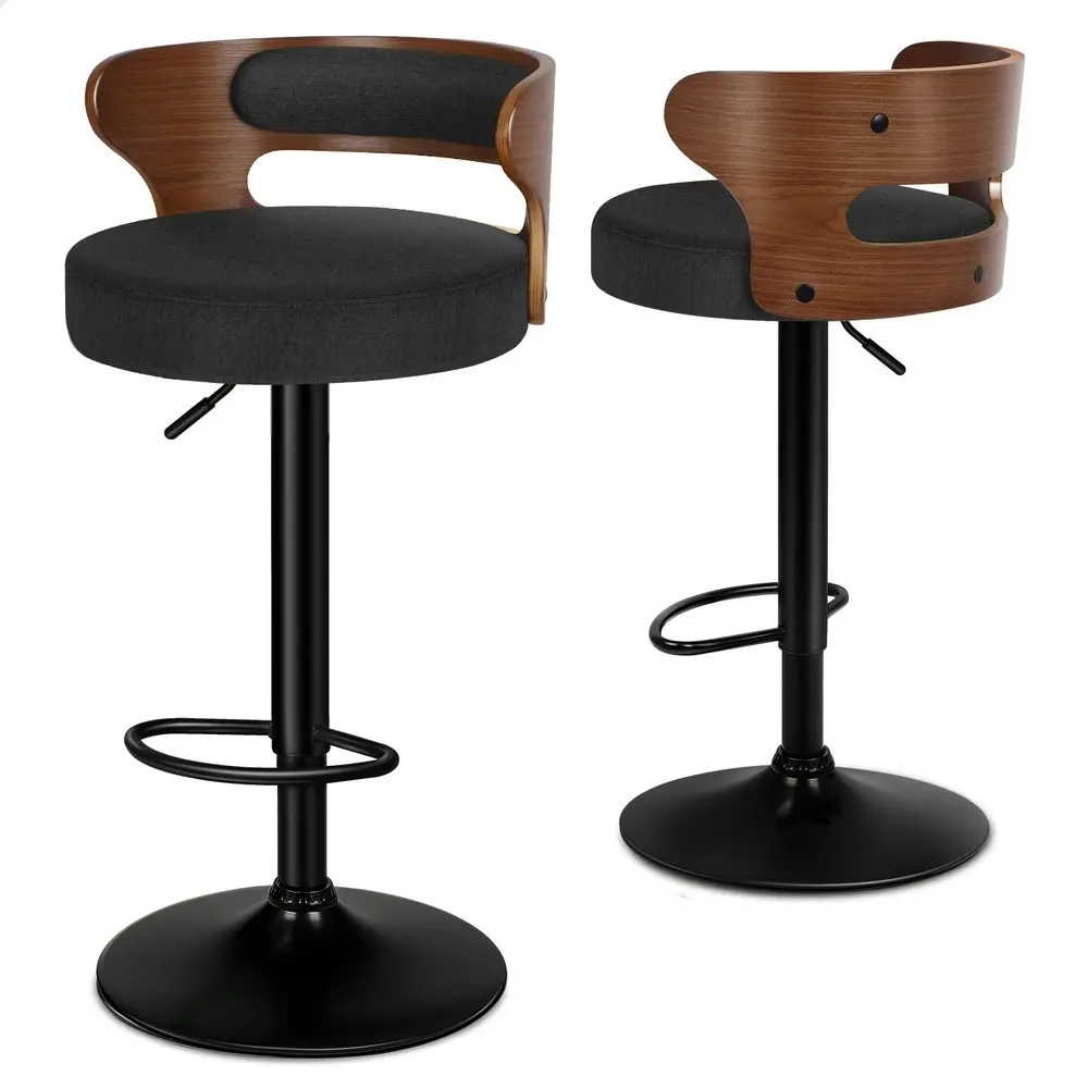 Alfordson 2x Bar Stool Kitchen Swivel Chair Wooden Linen Fabric Ramiro Black