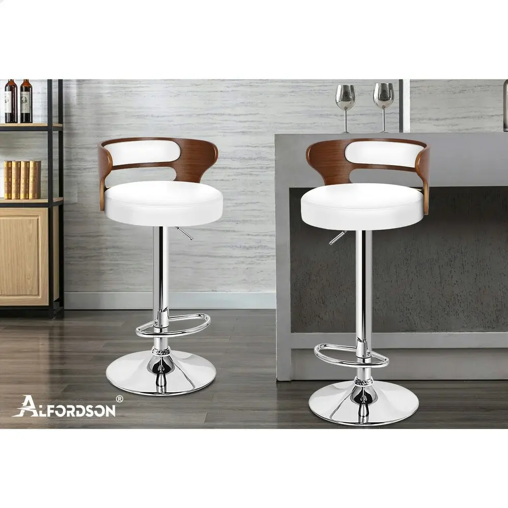 Alfordson 2x Bar Stool Kitchen Swivel Chair Wooden Leather Ramiro White