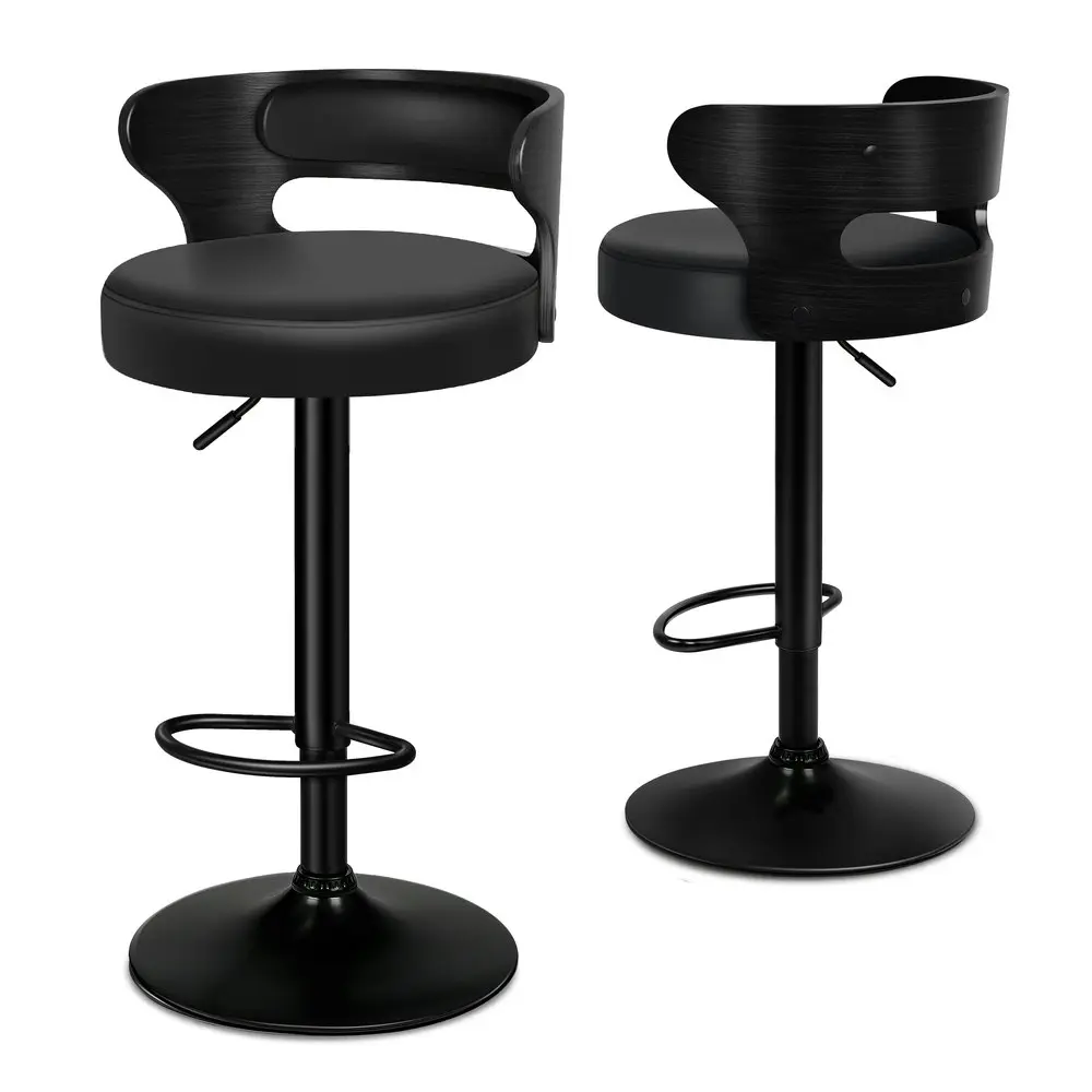 Alfordson 2x Bar Stool Kitchen Swivel Chair Wooden Leather Ramiro All Black