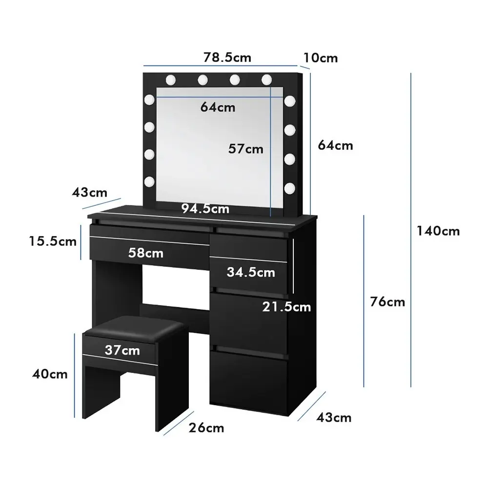 Alfordson Dressing Table Stool Set 12 Bulbs Black