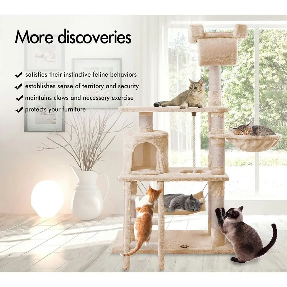 BEASTIE Cat Tree 141cm Beige Scratching Post Scratcher Tower