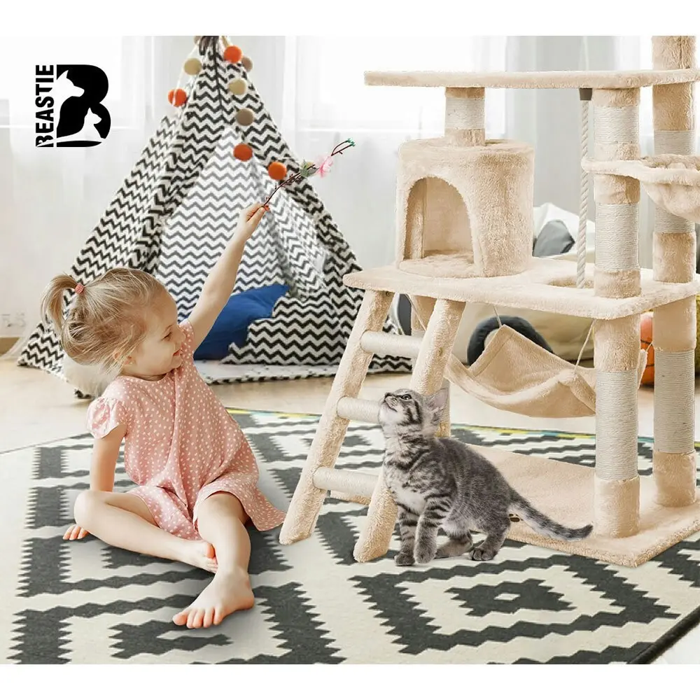 BEASTIE Cat Tree 141cm Beige Scratching Post Scratcher Tower