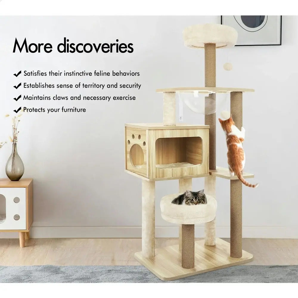 BEASTIE Cat Tree 144cm Wood Tower Scratching Post Scratcher