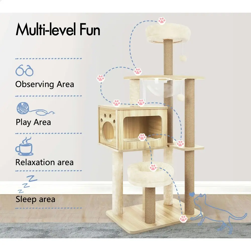 BEASTIE Cat Tree 144cm Wood Tower Scratching Post Scratcher