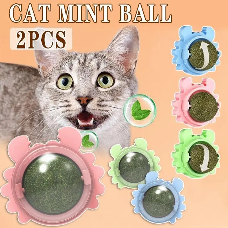 2PCS Rotatable Catnip Mint Ball Cat Treat Toys Licking Snack Cat Molar