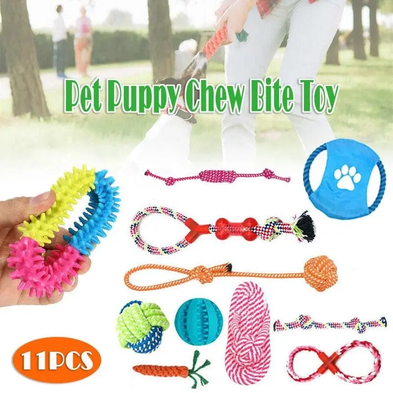 11Pcs Durable Cotton Rope Pull Teeth Clean Chew Toy Set for Dogs and Cats