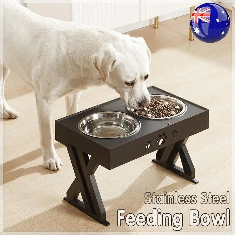 Elevated Pet Feeder Food Water Double Bowl Adjustable Height Raised Stand