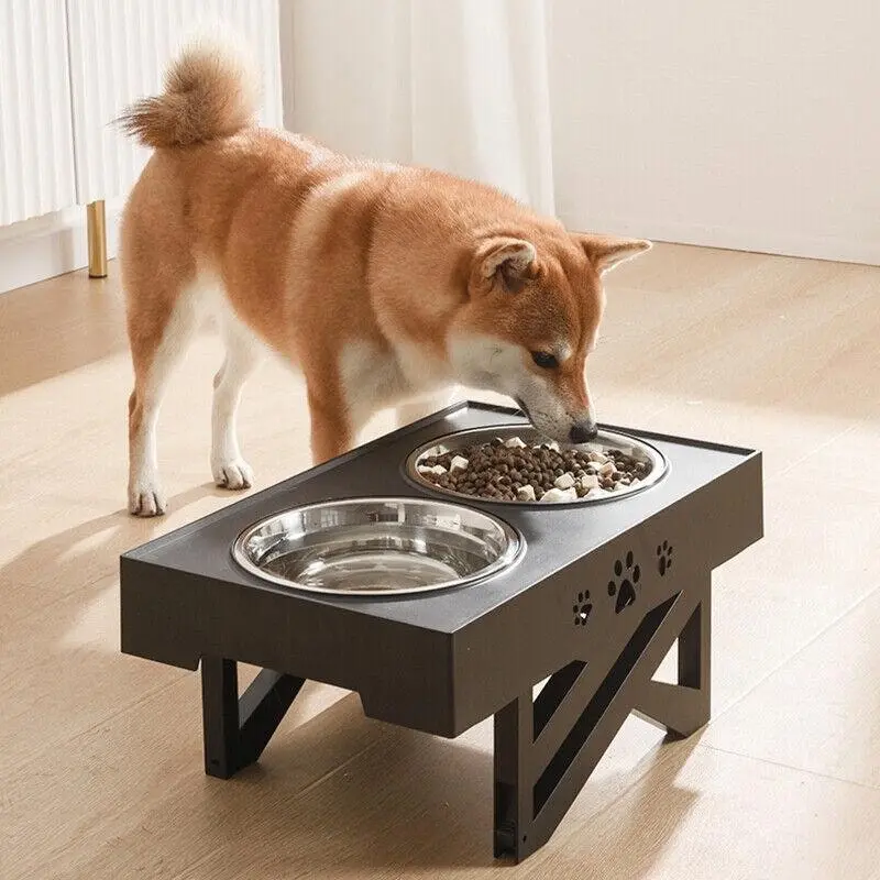 Elevated Pet Feeder Food Water Double Bowl Adjustable Height Raised Stand