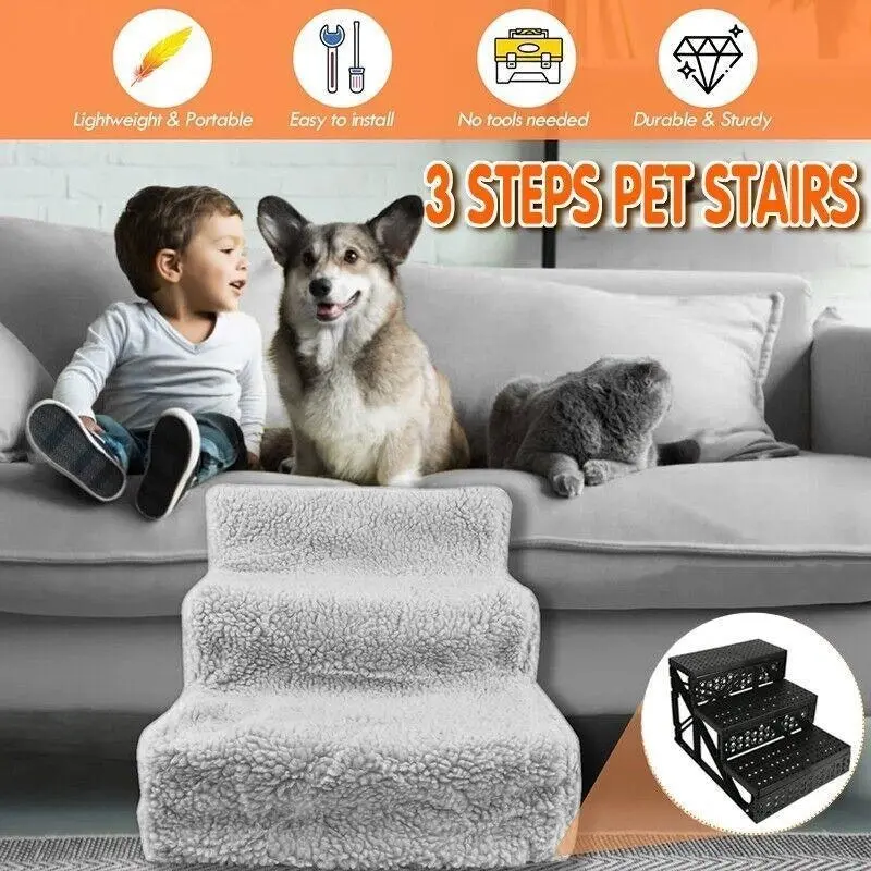 3 Steps Pet Stairs Portable Cat Dog Ladder W/ Cover Step Ramp Climb For Pup Play