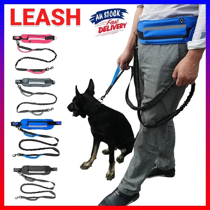 Adjustable Hands Free Dog Leash Lead + Waist Bag Belt Jogging Walking Running