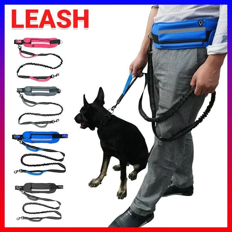 Adjustable Hands Free Dog Leash Lead + Waist Bag Belt Jogging Walking Running