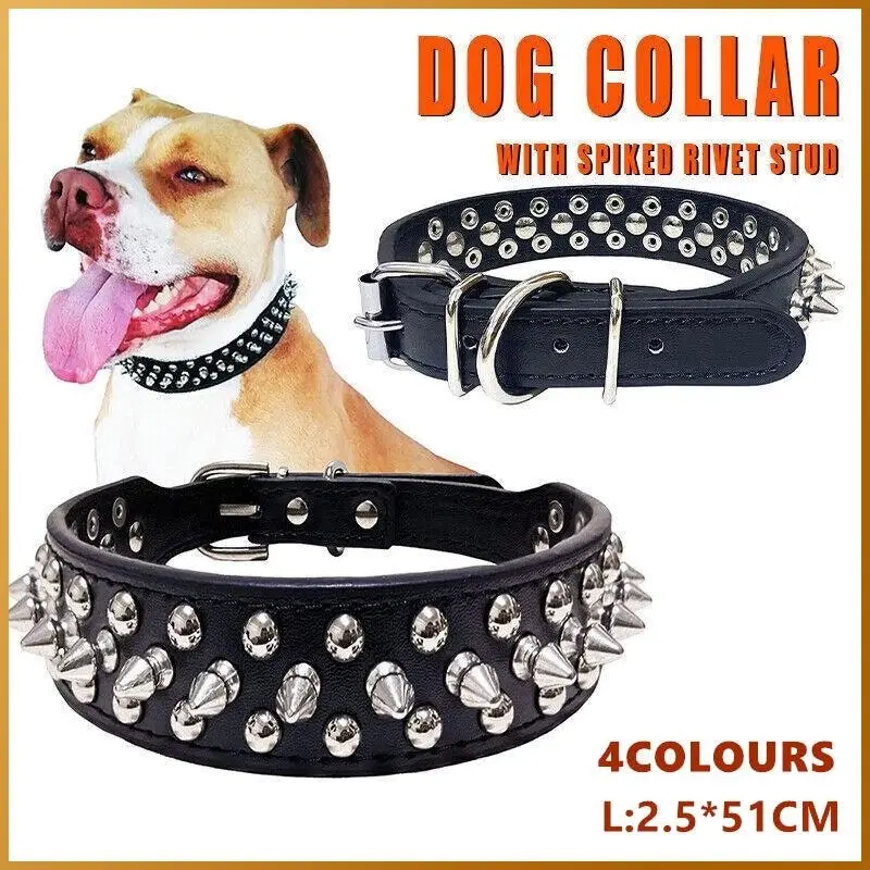 Dog Collar Leather Studded Black Brown Large Size Breeds Pet Melbourne