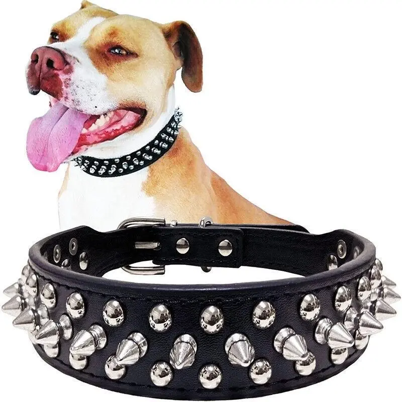 Dog Collar Leather Studded Black Brown Large Size Breeds Pet Melbourne