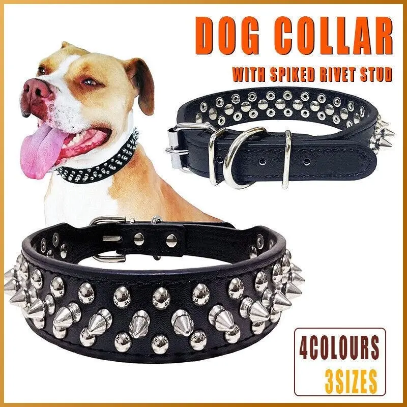 Dog Collar Leather Studded Black Brown Large Size Breeds Pet Melbourne