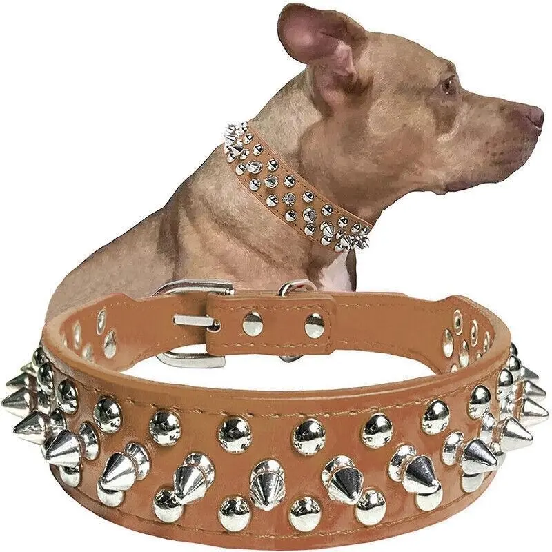 Dog Collar Leather Studded Black Brown Large Size Breeds Pet Melbourne