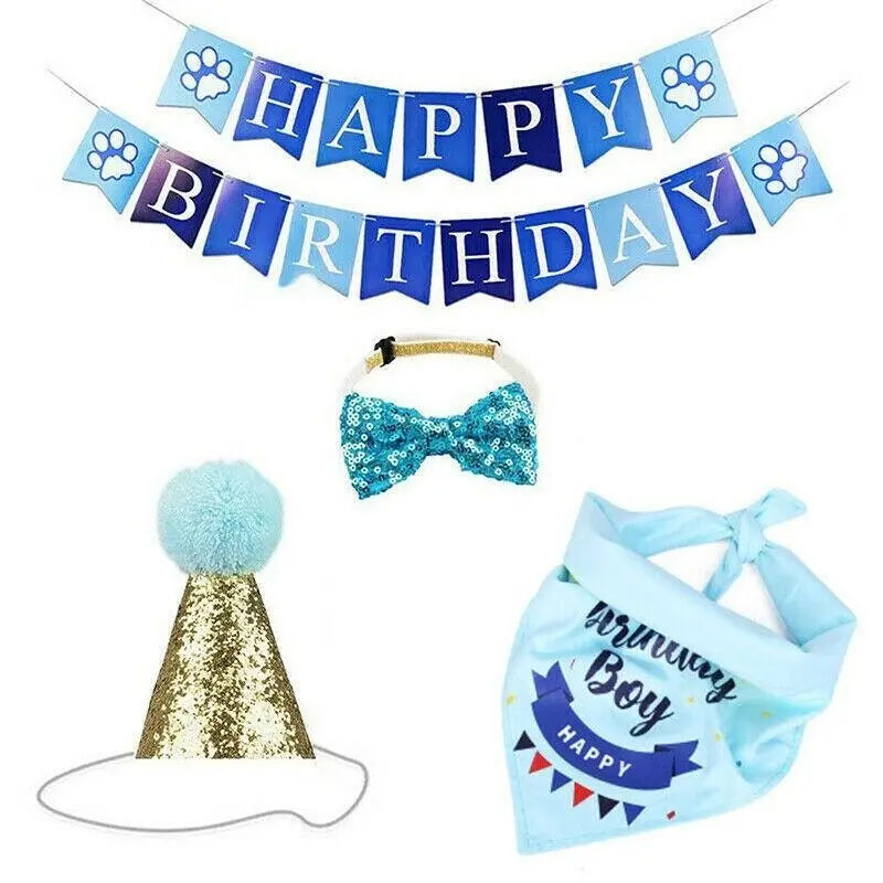 Dog Pet Happy Birthday Banner Hat Headwear Bandana Neckerchief Ties Party Decor