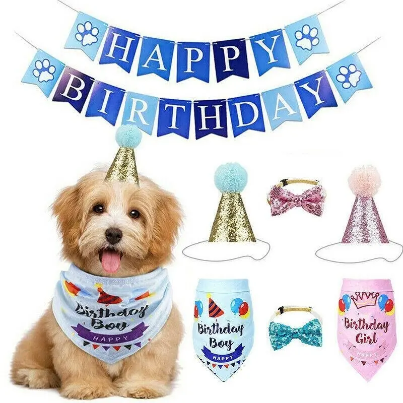 Dog Pet Happy Birthday Banner Hat Headwear Bandana Neckerchief Ties Party Decor