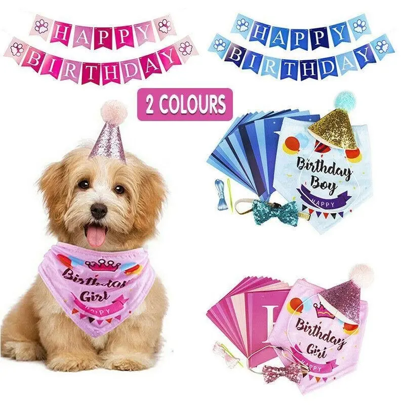 Dog Pet Happy Birthday Banner Hat Headwear Bandana Neckerchief Ties Party Decor