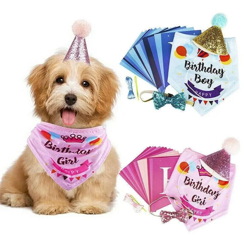 Dog Pet Happy Birthday Banner Hat Headwear Bandana Neckerchief Ties Party Decor