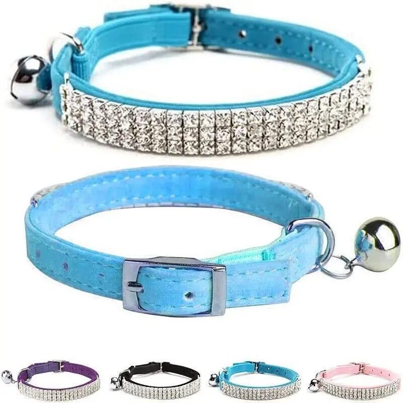 Collar Suede Cat Kitten Puppy Pet Safety Release Adjustable Rhinestone 5 Colours