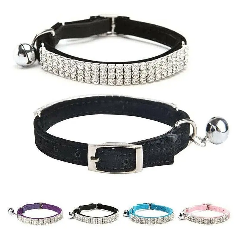 Collar Suede Cat Kitten Puppy Pet Safety Release Adjustable Rhinestone 5 Colours