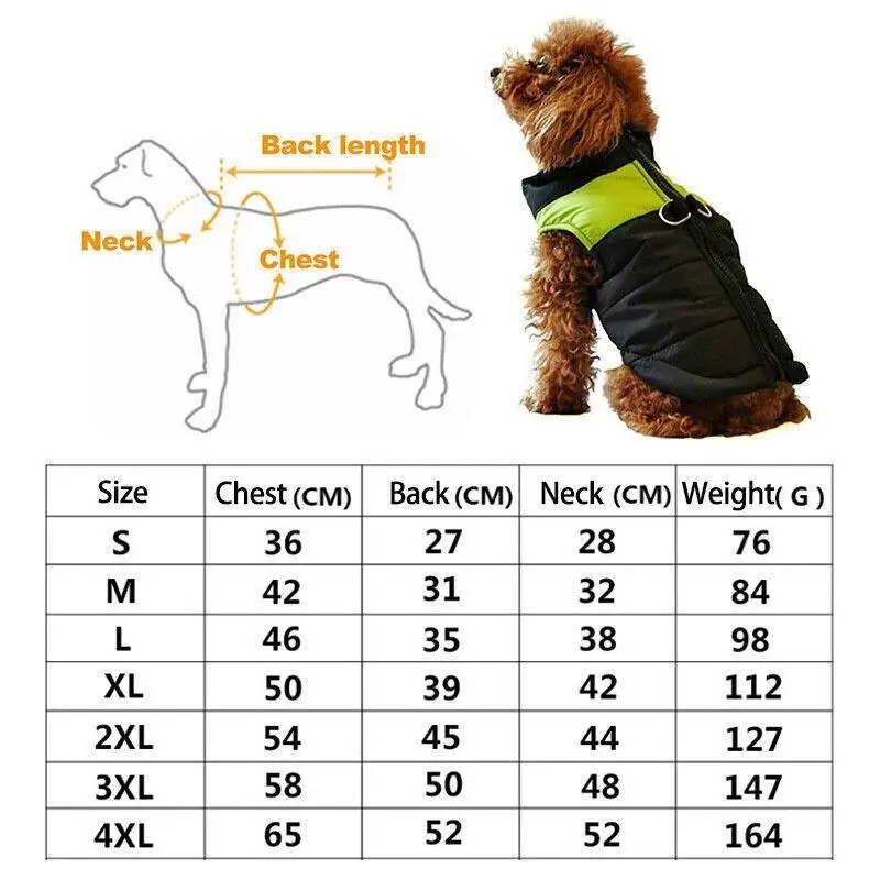 M Size Large Dog Jacket Padded Waterproof Pet Clothes Warm Windbreaker Vest Coat