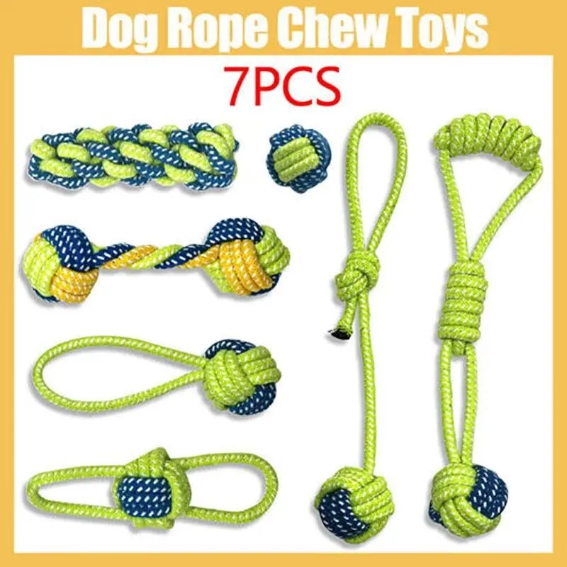 7Pcs Dog Rope Chew Toys Kit Tough Strong Knot Ball Pet Puppy Cotton Teething Toy