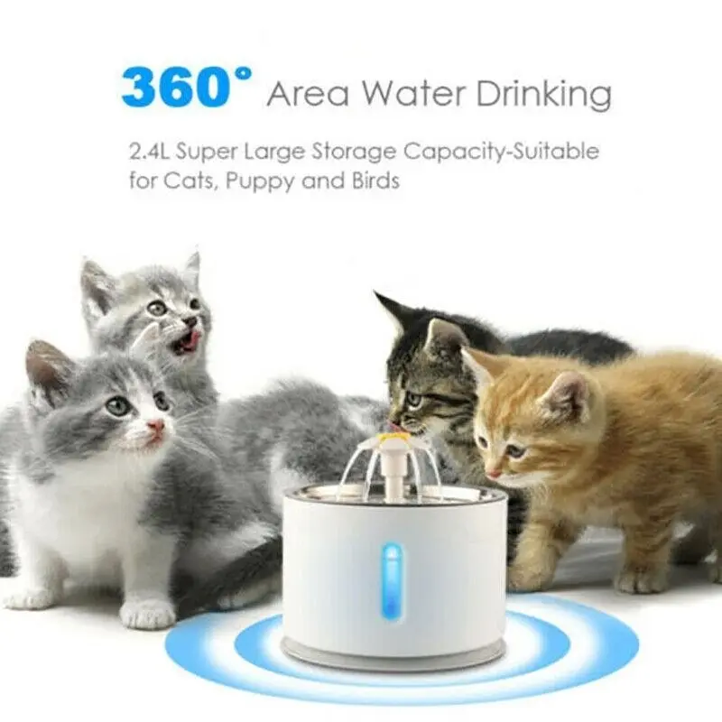 Led Automatic Electric Pet Water Fountain Cat/Dog Drinking Bowl Waterfall 2.4Lau