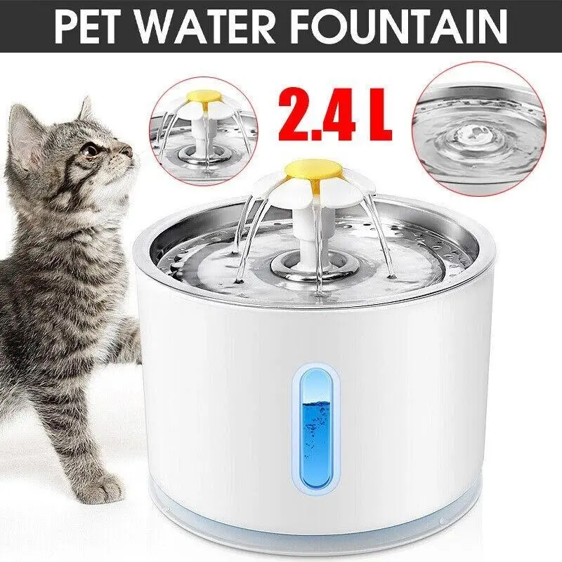 Led Automatic Electric Pet Water Fountain Cat/Dog Drinking Bowl Waterfall 2.4Lau